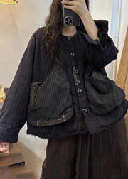 Casual Black Brown Plaid Oversized Patchwork Big Pockets Fine Cotton Filled Coat Winter