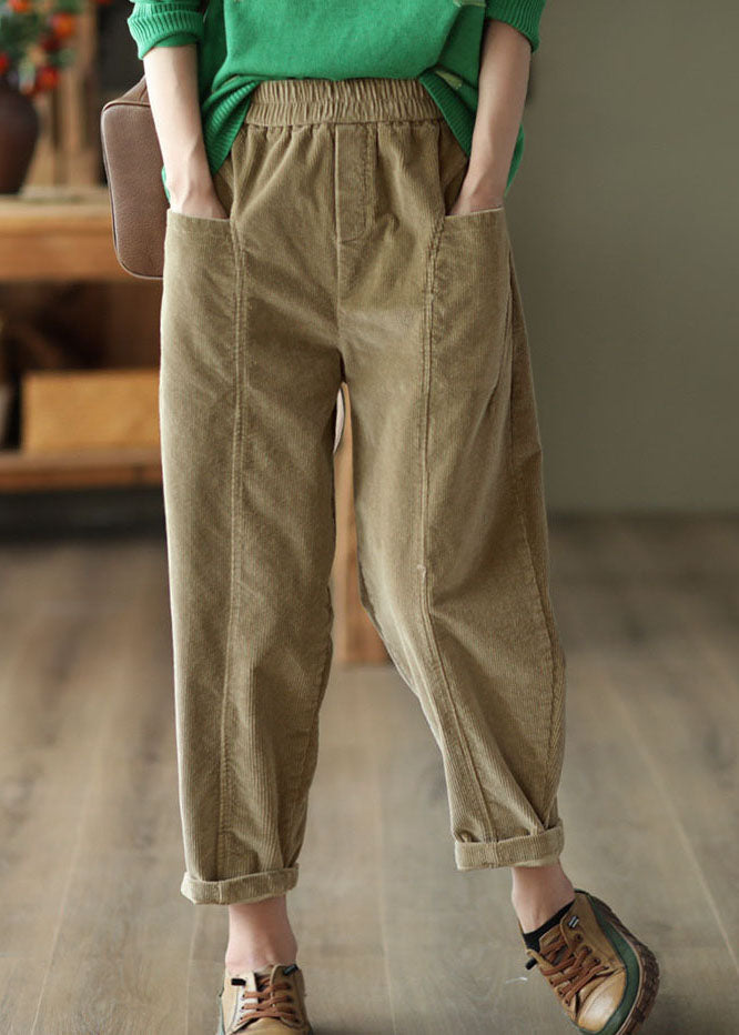 Casual Black Elastic Waist Patchwork Pockets Corduroy Pants Spring