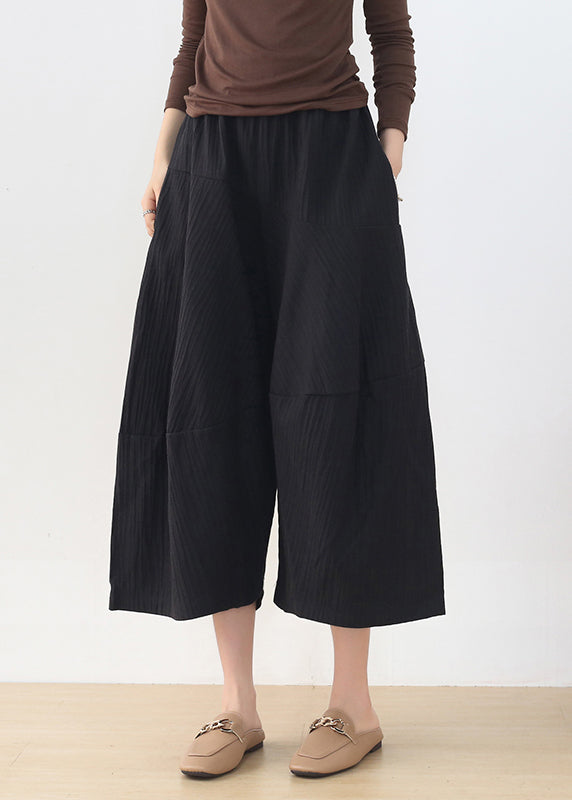 Casual Black Elastic Waist Pockets Linen Wide Leg Pants Fall