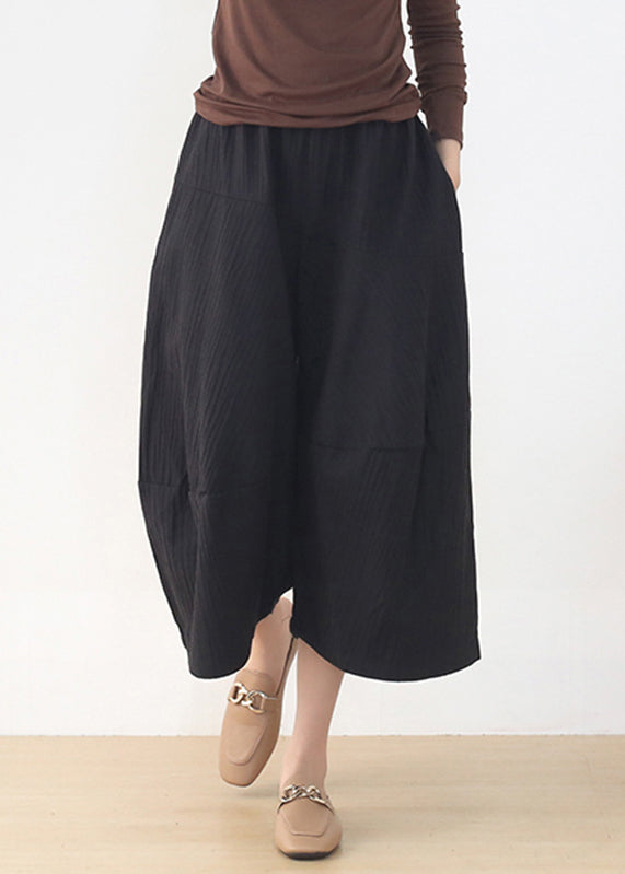 Casual Black Elastic Waist Pockets Linen Wide Leg Pants Fall