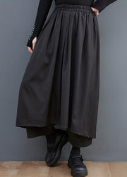 Casual Black Elastic Waist Pockets Solid Wide Leg Pants Skirt Summer