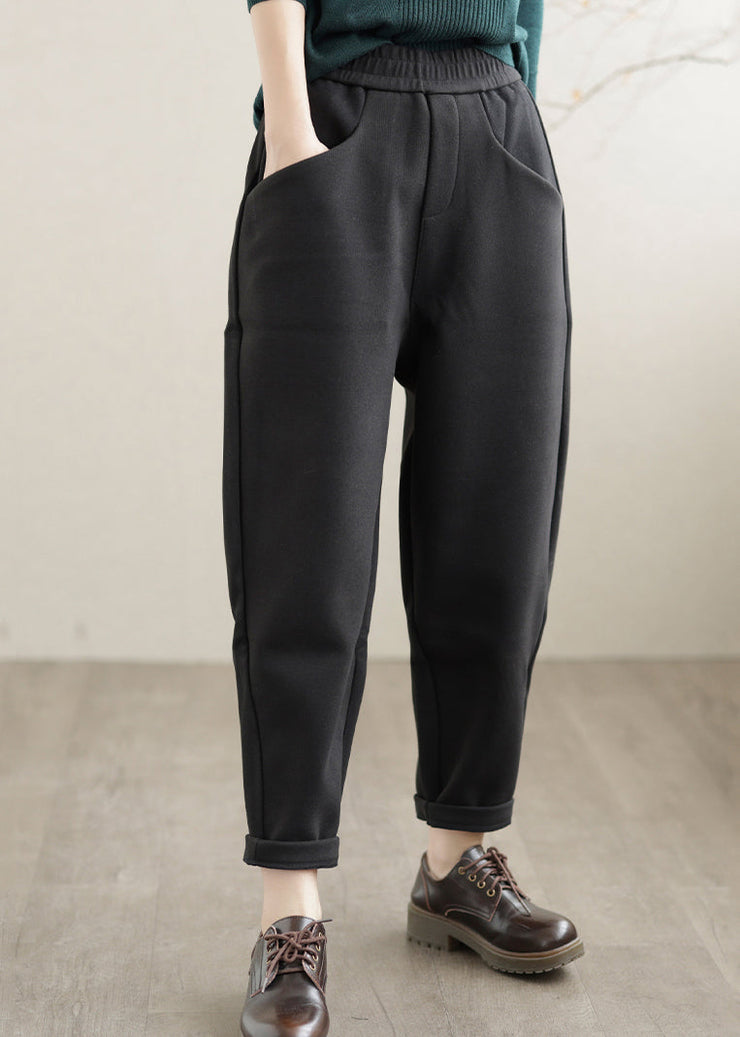 Casual Black Elastic Waist Pockets Warm Fleece Harem Pants Winter