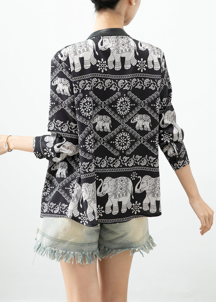 Casual Black Elephant Print Patchwork Blouse Tops Fall