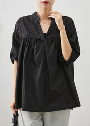 Casual Black Embroidered Patchwork Cotton Blouse Tops Summer