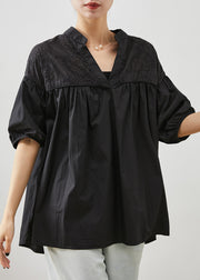 Casual Black Embroidered Patchwork Cotton Blouse Tops Summer
