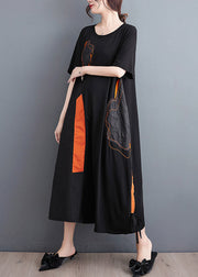 Casual Black Embroideried Floral Drawstring Long Dress Short Sleeve