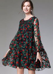 Casual Black Embroideried Floral Tulle Lace A Line Dress Long Sleeve