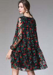 Casual Black Embroideried Floral Tulle Lace A Line Dress Long Sleeve