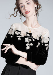 Casual Black Embroideried Patchwork Silk Velour T Shirt Spring