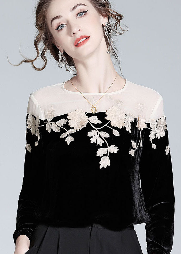 Casual Black Embroideried Patchwork Silk Velour T Shirt Spring