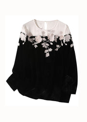 Casual Black Embroideried Patchwork Silk Velour T Shirt Spring