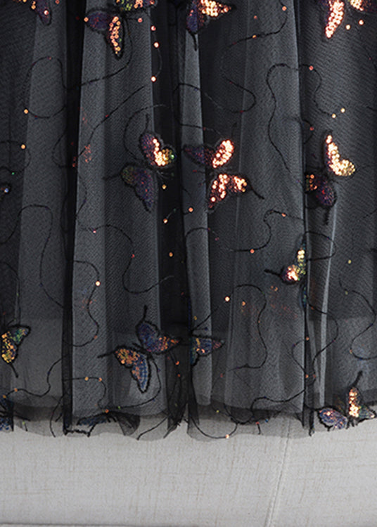 Casual Black Embroideried Sequins Layered Tulle A Line Skirt Summer