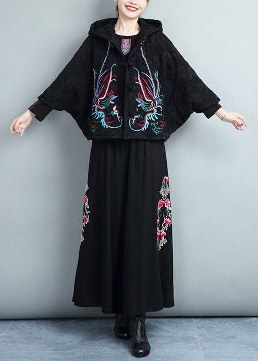 Casual Black Embroideried Warm Fleece Coats And Pants Skirts Two Pieces Set Batwing Sleeve