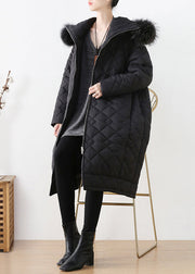 Casual Black Fur Collar Zippered Thick Hooded Parka Winter