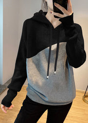 Casual Black Grey drawstring Hooded Patchwork Knit Sweatshirts Top Spring