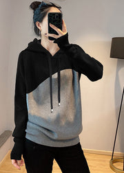 Casual Black Grey drawstring Hooded Patchwork Knit Sweatshirts Top Spring