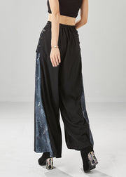 Casual Black High Waist Patchwork Spandex Wide Leg Pants Fall