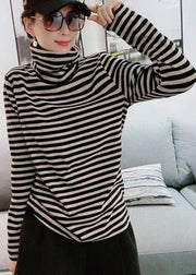 Casual Black Hign Neck Striped Cotton Blouse Top Fall