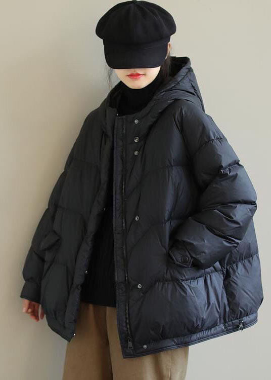 Casual Black Hooded Drawstring Duck Down Puffer Jacket Winter