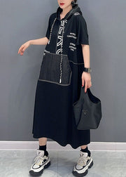 Casual Black Hooded Letter Pockets Patchwork Cotton Dress Summer