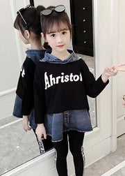 Casual Black Hooded Patchwork Denim Baby Girls Top Fall