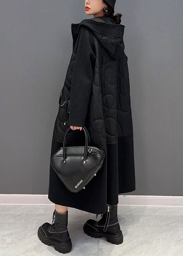 Casual Black Hooded Pockets Patchwork Fine Cotton Filled Women Witner Coats