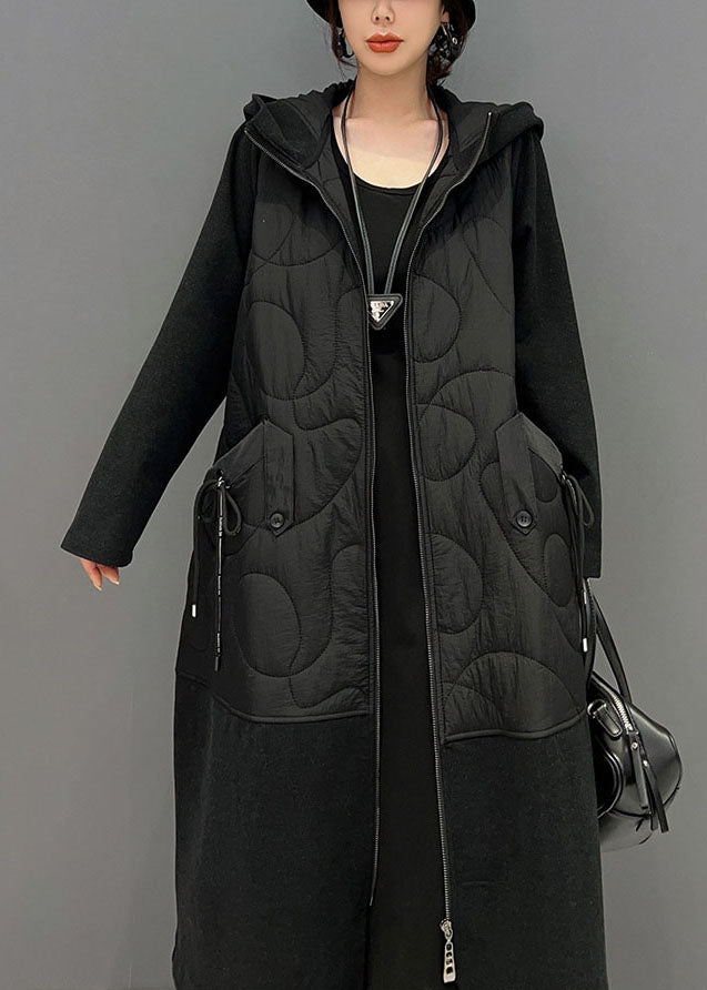 Casual Black Hooded Pockets Patchwork Fine Cotton Filled Women Witner Coats