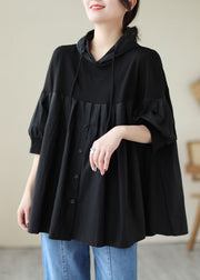 Casual Black Hooded Wrinkled Patchwork Cotton T Shirt Top Summer