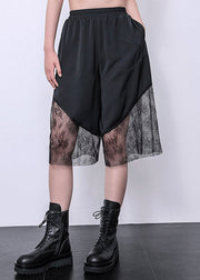 Casual Black Lace Patchwork Chiffon Crop Wide Leg Pants Summer