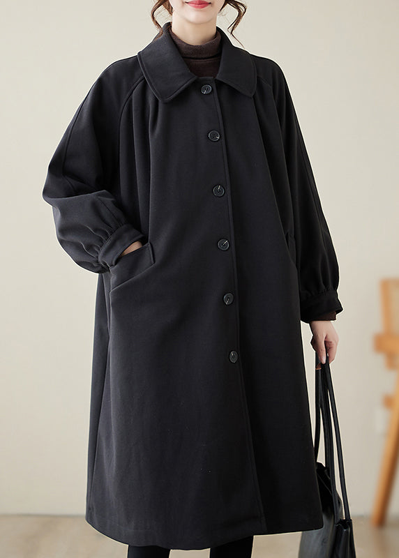 Casual Black Lapel Oversized Woolen Trench Spring