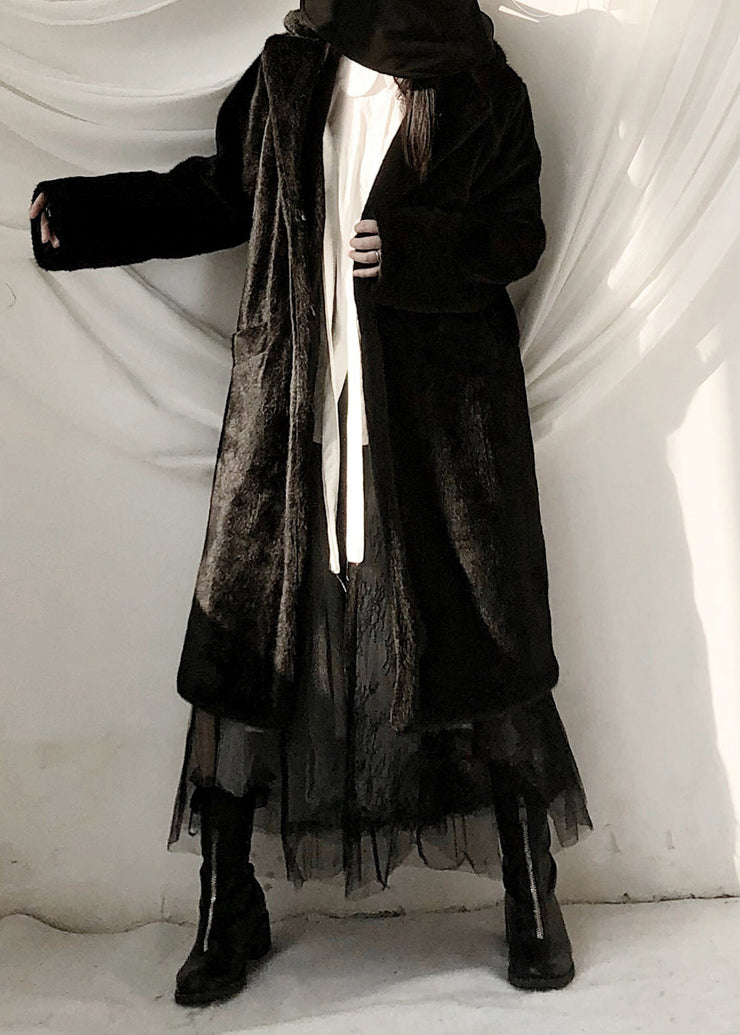 Casual Black Notched Rabbit Hair Thick Maxi Trench Coats Fall