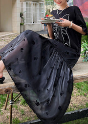 Casual Black O-Neck Bow Tulle Patchwork Cotton Maxi Dresses Summer