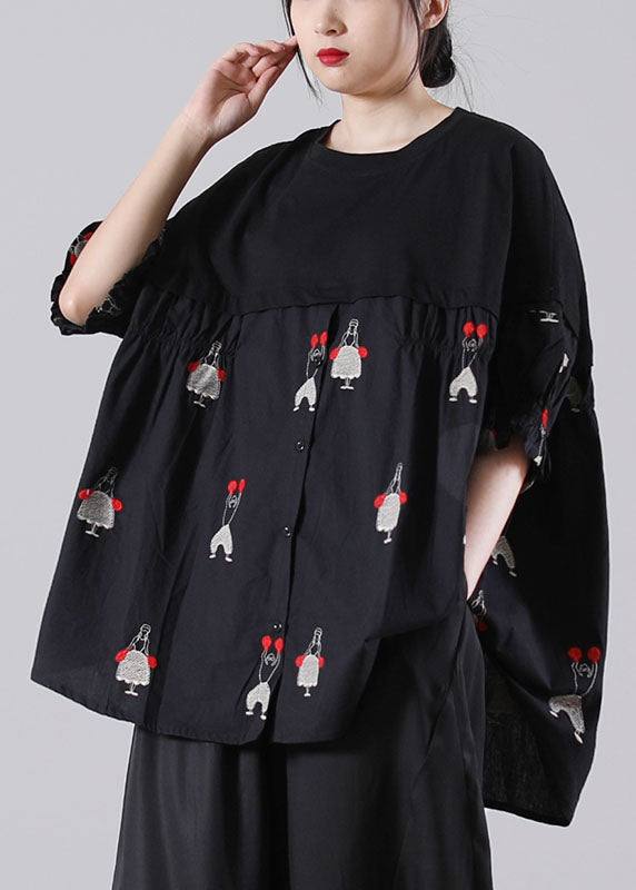 Casual Black O-Neck Embroideried Patchwork Cotton Shirts Short Sleeve