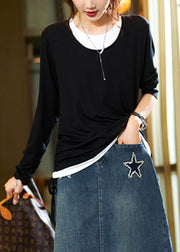 Casual Black O-Neck Patchwork Fake Two Pieces Tops Fall