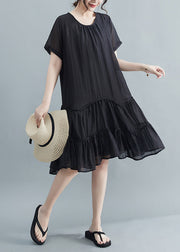 Casual Black O-Neck Patchwork Wrinkled Cotton Dresses Summer