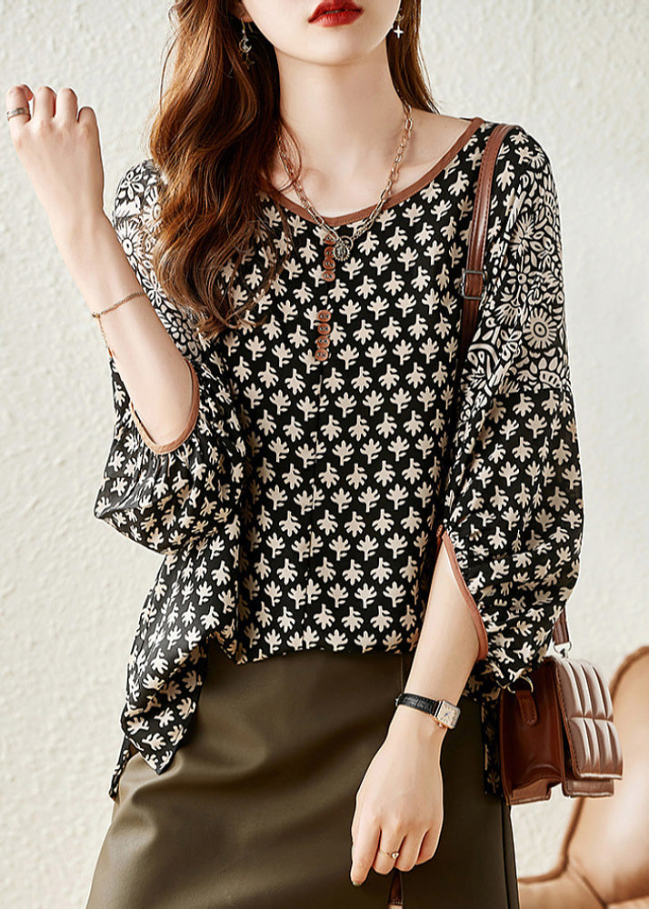 Casual Black O-Neck Print Chiffon Shirt Half Sleeve