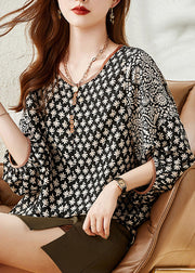 Casual Black O-Neck Print Chiffon Shirt Half Sleeve