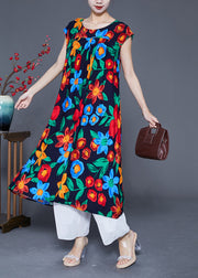 Casual Black O-Neck Print Cotton Maxi Dress Summer