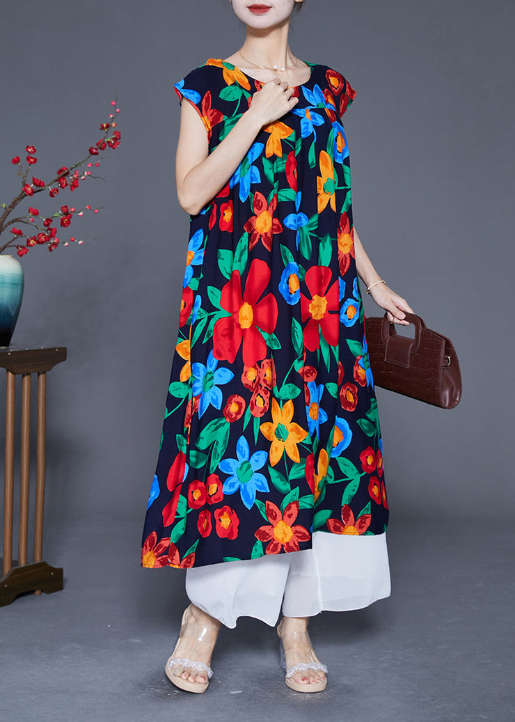 Casual Black O-Neck Print Cotton Maxi Dress Summer