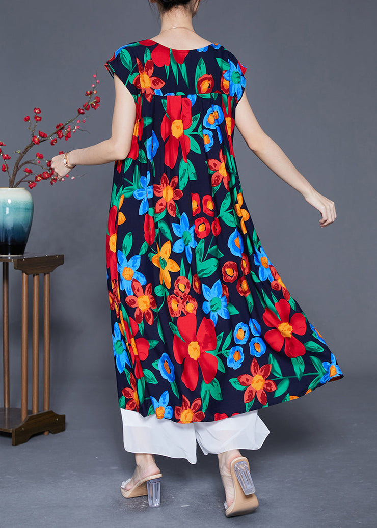 Casual Black O-Neck Print Cotton Maxi Dress Summer