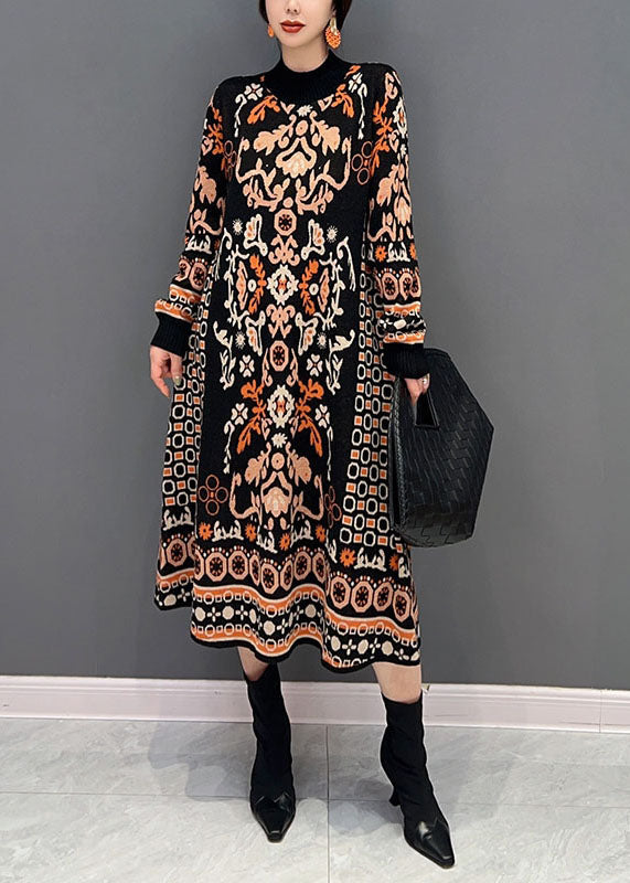 Casual Black O-Neck Print Knit Long Dress Winter