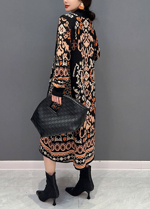 Casual Black O-Neck Print Knit Long Dress Winter