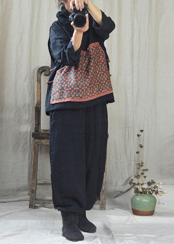 Casual Black O-Neck Print Linen Waistcoat And Pants Two Pieces Set Fall