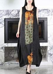 Casual Black O-Neck Print Side Open Silk Maxi Dress Summer