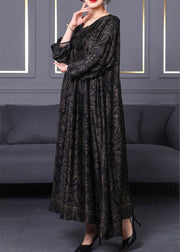 Casual Black O-Neck Print Silk Maxi Dress Long Sleeve