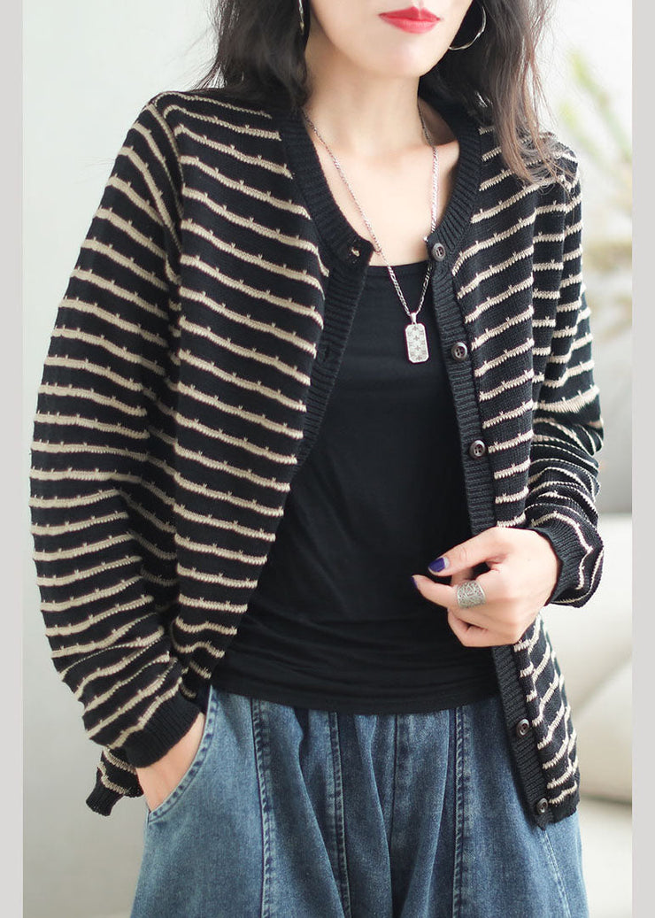 Casual Black O-Neck Striped Patchwork Button Cozy Cotton Knit Sweaters Coats Fall