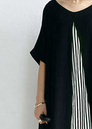 Casual Black O-Neck Striped Patchwork Cozy Maxi Dress Short Sleeve