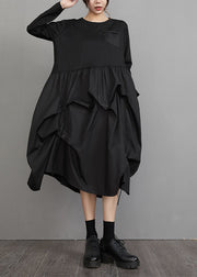 Casual Black O-Neck Wrinkled Patchwork Maxi Lantern Dresses Long Sleeve