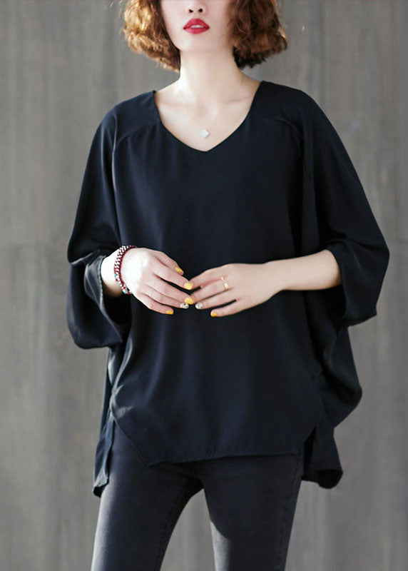 Casual Black Oversized Asymmetrical Side Open Cotton Tops Batwing Sleeve