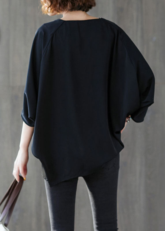 Casual Black Oversized Asymmetrical Side Open Cotton Tops Batwing Sleeve